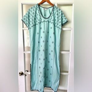 Zara Aqua Teal Embroidered Kaftan Dress with Dark Edging Size Medium